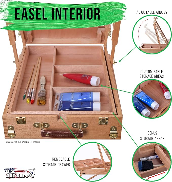 U.S. Art Supply Large Beechwood French Easel, Adjustable Plein Air Easels | Sketchbox Tripod for Field & Studio Painting Easel for Adults, Drawing, Display - Portable with Artist Drawer & Palette