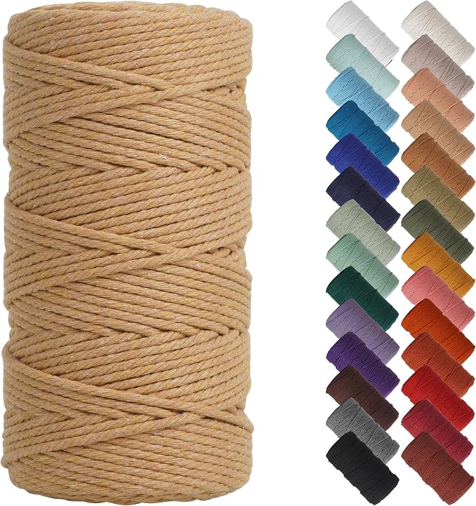 NOANTA Light Tan Macrame Cord 3mm x 220yards, Cotton Rope Macrame Yarn | Macrame Rope Supplies, 3 Strand Twisted Cotton Yarn String, Cotton Cord for Wall Hanging, Plant Hangers, Crafts, Knitting