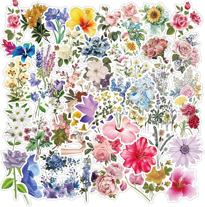 Flowers Vinyl Stickers 50 PCS, Botanical Aesthetic Waterproof Die-Cut Colorful Floral Sticker Pack for Journal Planner Notebook Scrapbook, Water Bottles Laptop Phone Case(Colourful-F11)