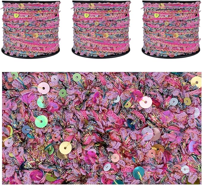 Artisanal Yarn Collection Multifiber Fancy Yarn for Knitting Crocheting Crafts DIY, Set of 3 Rolls (Fuchsia with Colorful Sequins)