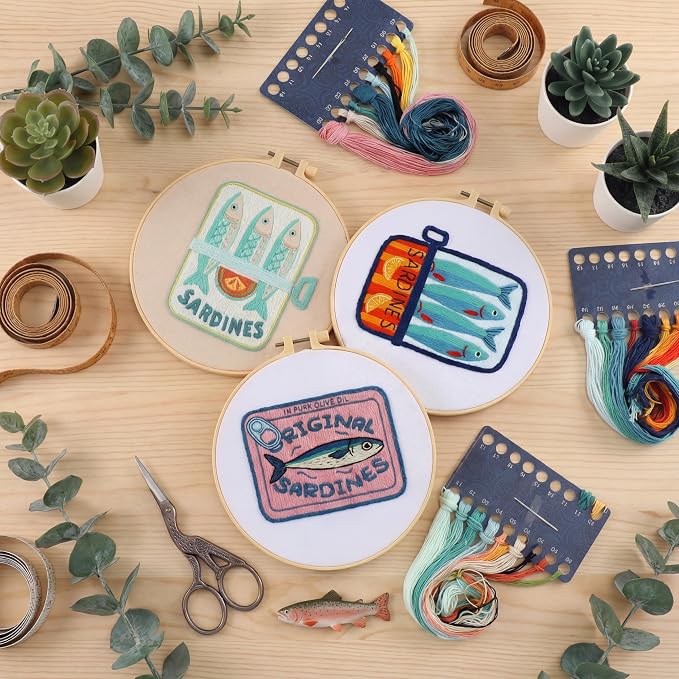 Mindsoft 3 Set Needlepoint Kit for Beginners with Hoop,Sardine | Bamboo Hoop Thread Needles Instructions, Easy Hand Embroidery for Beginners Home Crafts,Pre-stamped Funny Cute Designs