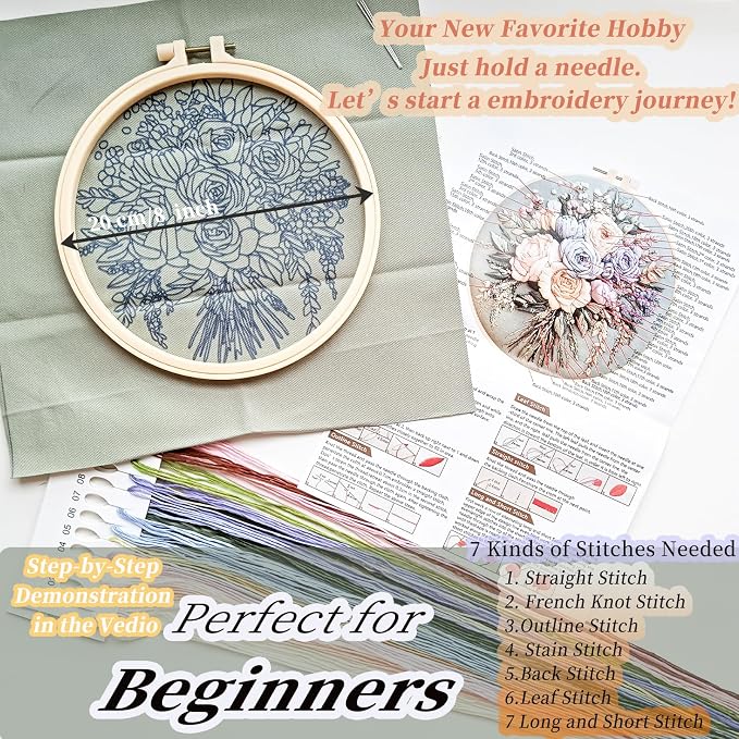 FONNUY Bouquet Flowers Embroidery Kit for Beginners, Pre-Stamped Pattern Kits for Adults with Hoop, Easy to Follow Color Thread Needlework, 8'' Hoop (Joyful Bouquet)