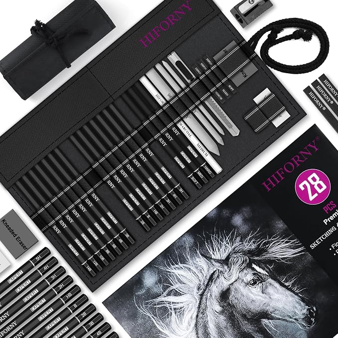 HIFORNY 28 PCS Sketching Drawing Pencil Set,Sketch Pencils Art Supplies with Graphite,Charcoal,Blending Tools,Accessories,Drawing Kit for Adults Artists in Canvas Roll Up Case