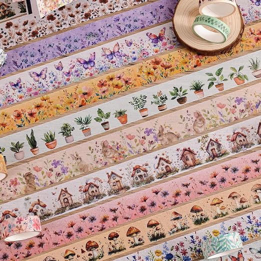 PAGEMORE 27 Rolls Vintage Washi Tape Set, Floral Butterfly Forest Mushroom Botanical Flower Writable Decorative Tapes for Scrapbooking, Junk Journal Supplies, Bullet Journaling 9.84ft Long/Roll