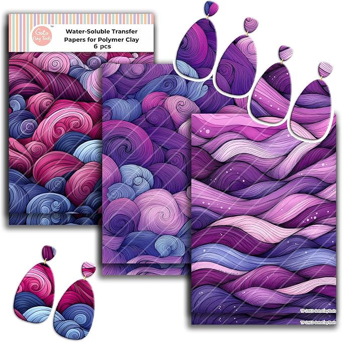 GOTO CLAY TOOLS Zentangle wavesTransfer Paper - 6 Pcs, Transfer Paper for Polymer Clay, Mauve Waves Polymer Clay Transfer Sheet for Jewelry Making ZEN-R1TP3