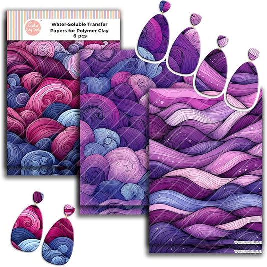 GOTO CLAY TOOLS Zentangle wavesTransfer Paper - 6 Pcs, Transfer Paper for Polymer Clay, Mauve Waves Polymer Clay Transfer Sheet for Jewelry Making ZEN-R1TP3