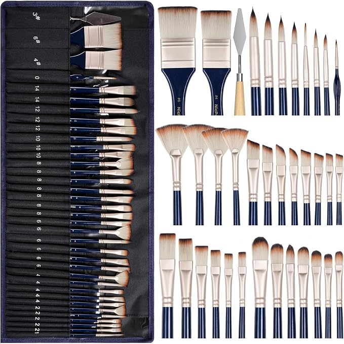 Nicpro 36pcs Paint Brush Set for Acrylic Painting, Oil, Watercolor, Gouache | 9 Shapes No Shedding Synthetic Bristles with Palette Knife and Canvas Roll, Professional Painting Supplies for Artists