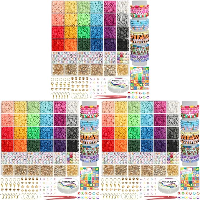 YMSDZHL 6000+PCS Clay Beads Bracelet Making Kit,24 Color DIY Flat Preppy Beads for Friendship Jewelry Making,Polymer Heishi Beads with Charms Gifts for Teen Girls Crafts for Ages 4-12 (Pack of 3)
