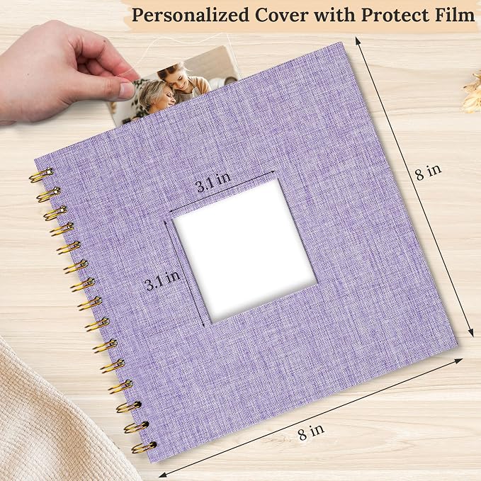 8"x8" Scrapbook Photo Album Linen Cover 20 Sheets 40 Pages White Paper | Purple Hardcover Kraft White Pages Memory Book, for Travel Wedding Guest Book Christmas Baby Shower Fits 4x6 & Instant Photos