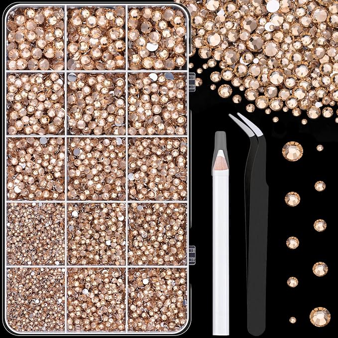 16000Pcs Resin Rhinestones with Tweezers for Crafting, Champagne 2-6mm Mixed Sizes Non Hotfix Flatback Gems, Bedazzling Crystal for DIY Crafts Clothing Tumblers Mugs Shoes Fabric Decor Nail Art