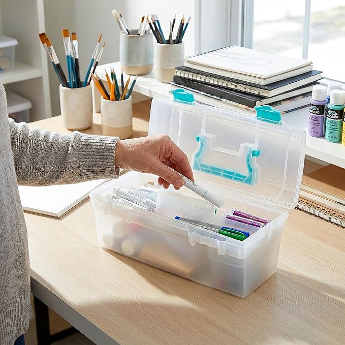 ArtBin 6937AG Essentials Lift-Out Tray Box, Portable Art & Craft Organizer with Handle and Tray, Clear/Aqua