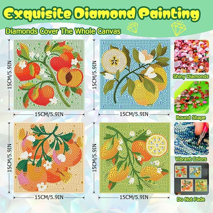 4 Pack Diamond Art Painting Kits for Kids, Small Diamond Art Kids 6x6 Inch | Fruit Diamond Art for Kids Ages 4-6-8-12 , Small Diamond Art Kits for Kids, Easy Art and Craft for Kids (no Frame)