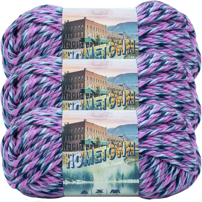 Lion Brand Yarn Hometown Yarn, Super-Bulky Yarn for Knitting, Crocheting, and Crafting, 3 Pack, Jacksonville Taffy | Super Bulky Acrylic Fiber for Warm Crochet Blankets, Knit Winter Hats, Chunky Cardigans, Soft Scarves, Weaving
