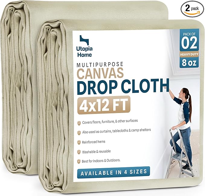 Canvas Drop Cloth 4x12 Ft, Drop Cloth for Painting, 2 Pack | Washable and Reusable, Canvas Fabric, Furniture & Floor Protection, Highly Absorbent, Duck Dropcloth
