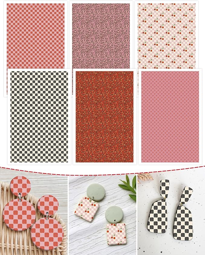 Puocaon Retro Clay Transfer Paper - Checkerboard Cherry Black White Transfer Sheets for Polymer Clay Earrings Jewlery