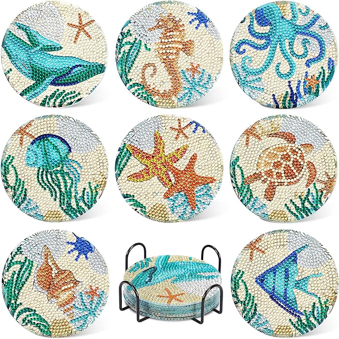 UPINS Ocean Diamond Art Painting Coaster Kit, 8Pcs DIY Crafts Kit with Holder, Non Slip Coaster Art Supplies for Adults, Ideal Christmas Gift | Beach DIY Crafts Kit with Holder,Non Slip Coaster Art Supplies for Adults,Ideal Christmas Gift