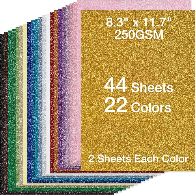 TORC Glitter Cardstock Paper 44 Sheets 22 Colors A4 250GSM, Sparkle Craft Paper for Cricut Card Making Scrapbooking Invitations Party Decorations, Non-Shedding Glitter Sheets