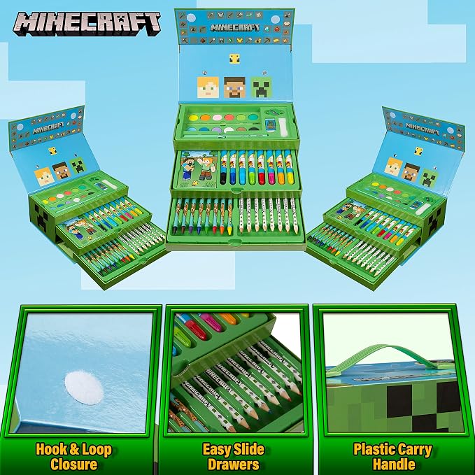 Minecraft Colored Pencils Art Supplies Set Crayons Watercolor Paints Colored Markers Coloring Drawing Kit Creeper Art Set Case Gamer Gifts for Boys (Pack of 3)