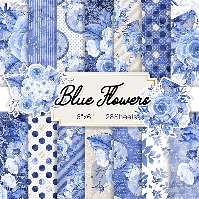 28 Sheets Scrapbook Paper, Floral Scrapbooking Specialty Papers 160gsm Cardmaking Craft Paper Pack Decorative Paper for Card Making (6"X6" Inch, Blue Flowers)