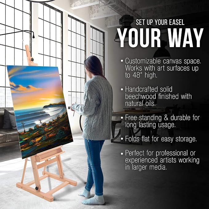U.S. Art Supply Medium Wooden Studio H Frame Easel with Storage Tray