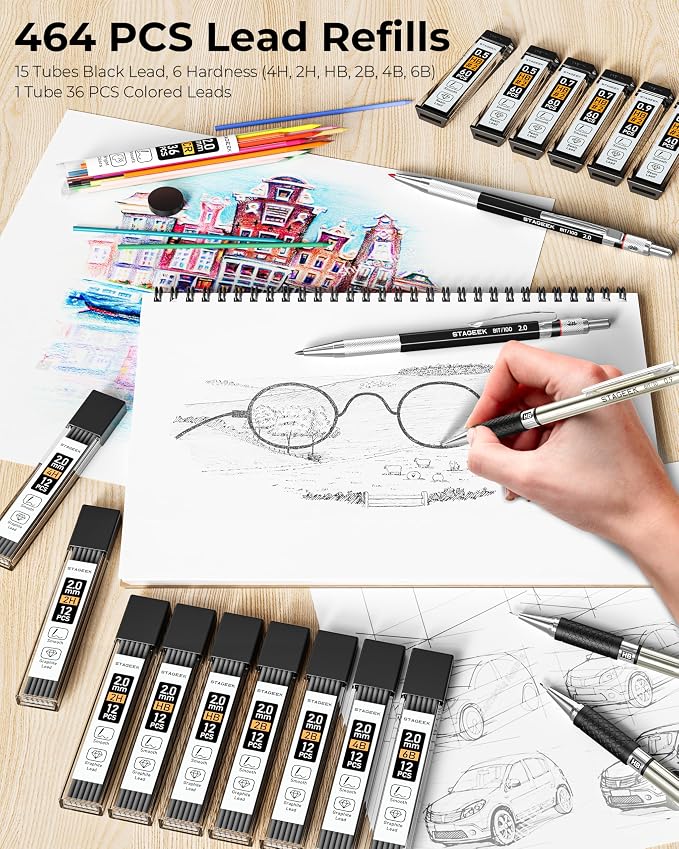 STAGEEK 30PCS Mechanical Pencil Set with Canvas Bag, 0.5, 0.7, 0.9 ＆ 2mm | Drawing Pencils with 464PCS Lead Refills (6B 4B 2B HB 2H 4H Color), Erasers, Sharpeners, Artist Pencil for Sketching Drafting