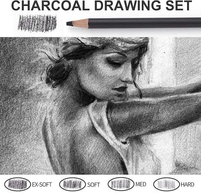 Qionew Professional Soft Medium and Hard Charcoal Pencils Drawing Set 10Pcs | Super Soft, Soft, Medium & Hard Charcoal Pencils for Drawing, Sketching, Shading, Beginners & Artists
