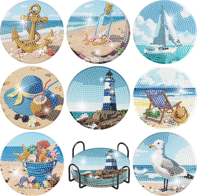 askkqtx 8 Pcs Beach Diamond Art Coasters Kits with Holder 4X4 Inch