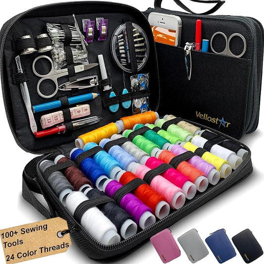 Vellostar Sewing Kit for Adults, 100-Piece Needle and Thread Travel Kit | Beginner-friendly hand sewing kit with 24 thread colors for quick clothing repairs, missing buttons, small tears & loose hems