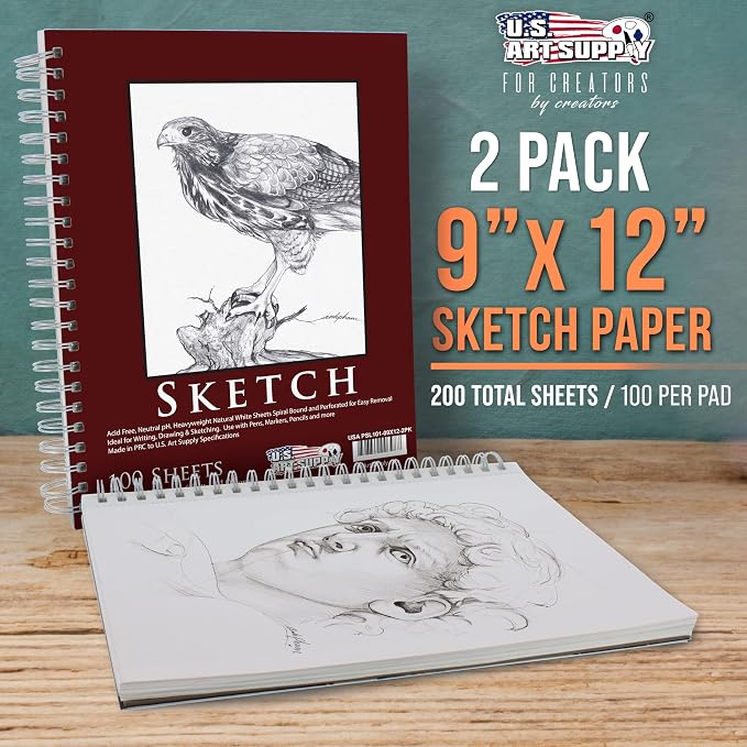 U.S. Art Supply 9"x12" Sketch Book Pad, Spiral Bound 100 Sheets Each,2-Pack | 60lb (100gsm) Spiral Bound - Sketching, Drawing Acid-Free Paper - Sketch Pads For Adults, Students: Colored Pencils, Charcoal