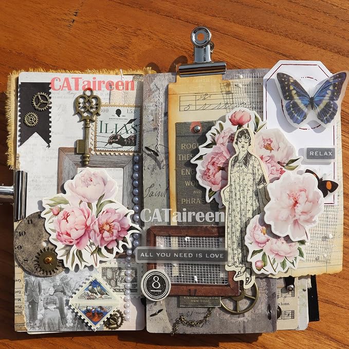 CATaireen Vintage Junk Journal Items Kit Pre Cut Paper Cards Cutout Cardstock Art Aesthetic Decor Hollow Out Craft Elements Small Embellishments Supplies for Adults Scrapbook Pack (Floral Pink)