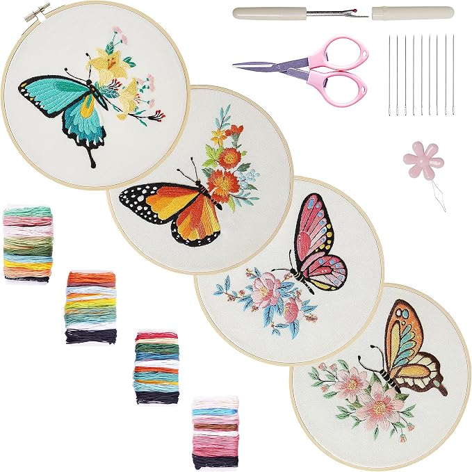 Bonroy 4 Sets Embroidery Kit for Beginners,Embroidery Art Craft Handy Sewing Include Clothes with Pattern,Embroidery Hoops, Instructions,Color Threads Needle (Butterfly) (CX-55)