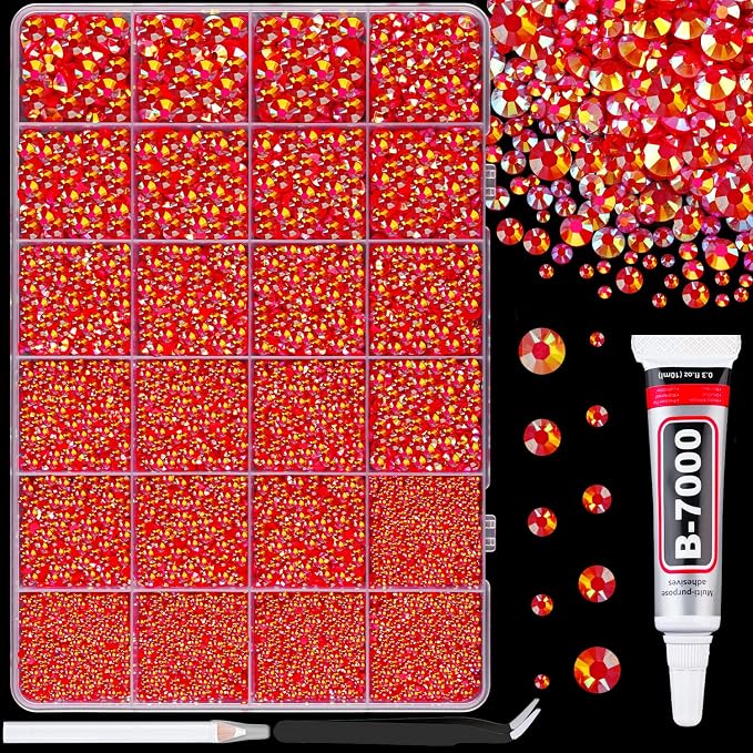 25000Pcs Resin Rhinestones for Crafting, Red AB 2-6mm Mixed Sizes Non Hotfix Flatback Gems with 1Pcs Glue, Bedazzling Crystal for DIY Craft Clothing Mugs Tumblers Shoes Fabric Decor Nail Art