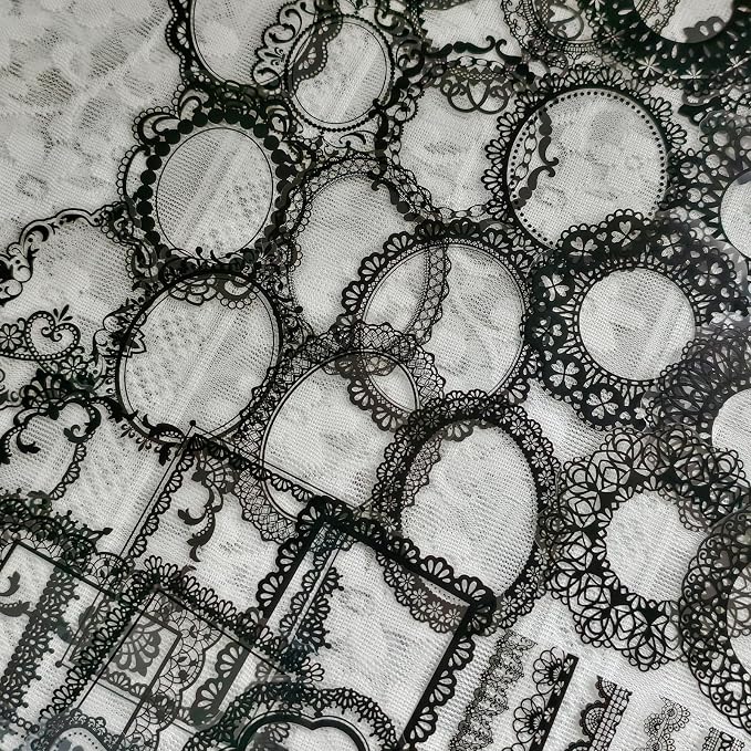 PRSTINCOL 120 PCs Lace Scrapbook Stickers,Waterproof Cutout Transparent Sticker PET Transparent Lace Stickers for Scrapbooking DIY Decoration Making Notebook Frame Album Handmade(Black)