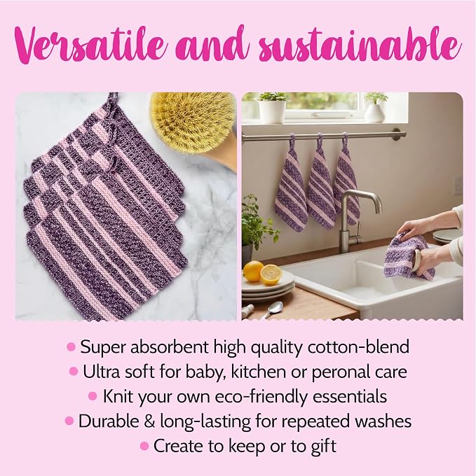 KnitPal Dishcloth Knitting Kit for Beginners (Plum Purple + Blush Pink)