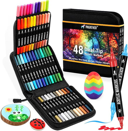 Pagather Acrylic Paint Markers, 48 Colors Dual Tip Fine & Brush Pens Set | For Rocks, Fabric, Wood, Glass & More, Perfect for DIY Crafts and Creative Art Projects with Bright, Smooth and Quick-Dry Ink