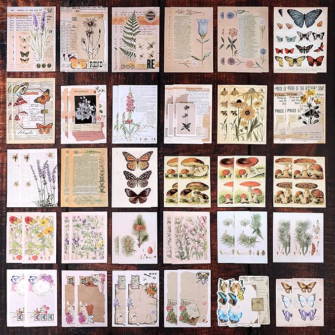 Draupnir 200pcs Vintage Junk Journal Supplies,Scrapbook Supplies Scrapbooking Paper and Stickers Ephemera For Art Aesthetic Journaling Kit Collage(Nature)