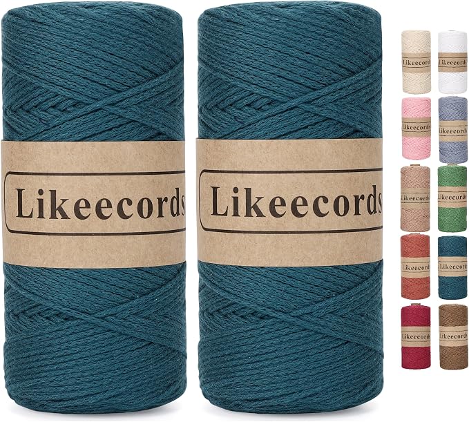 Likeecords 100% Cotton Cord Crochet Yarn Bag Cord 2mm 350Yards Braided Macrame Cord Macrame Rope Crochet Thread Gift for Knitter (Peacock)