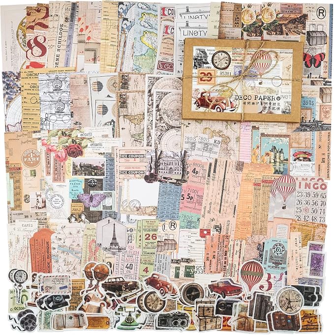 Knaid 200 Pieces Vintage Ephemera Pack Decoupage Paper Junk Journal Kit Scrapbook Planner Sticker Supplies for Art Journaling Bullet Journals Collage Notebooks Album Crafter Gifts (World Memory)
