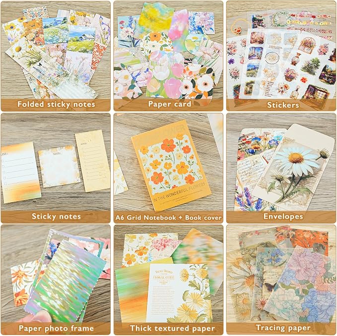 Aromoty Scrapbooking Supplies Kit, Botanical Aesthetic Vintage Scrapbook Kit for Bullet Junk Journal A6 Grid Notebook Stationary (Centaury Love)