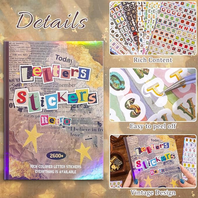 2600+ Pcs Retro Alphabet Sticker Book, Vintage Letter Decorative Stickers for Junk Journal Scrapbooking Planner Card Making, Ideal DIY Craft Gift for Women Teens Girls