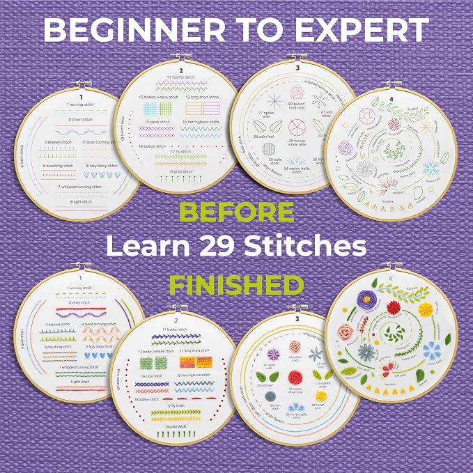 Craftwiz 4-Piece Starter Embroidery Kit for Beginners and Expert with Simple Patterns, Learn 29 Stitches with Hand Embroidery Kit