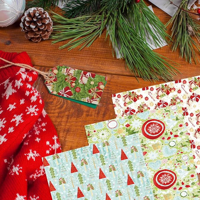 Christmas Pattern Scrapbook Paper, 6 Inch Card Production Supplies, 24 Sheets Single Sided Acid-Free Cardstock Greeting Card, Handmade Gift Journaling Craft Kits (J-style)