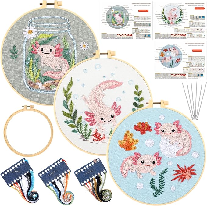Mindsoft 3 Set Needlepoint Kit for Beginners with Hoop,Axolotl | Bamboo Hoop Thread Needles Instructions, Easy Hand Embroidery for Beginners Home Crafts,Pre-stamped Funny Cute Designs