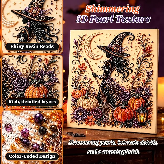 Halloween Ghost Pearl Art DIY Kit,Cute 3D Pearl Mosaic Craft Set for Adults & Beginners,Spooky Ghost Pumpkin Canvas Art for Fall Home Decor,Wall Art for Gift