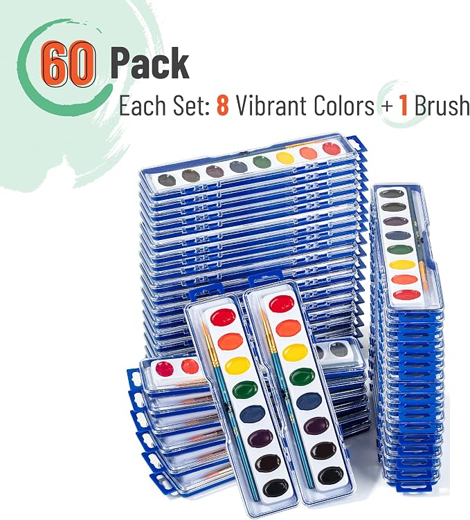 Mr. Pen- Washable Watercolors, 60 Pack, 8 Colors with Paint Brush | Bulk Watercolor Paint Set, Water Color Painting Kids, Watercolors for Kids and Adults