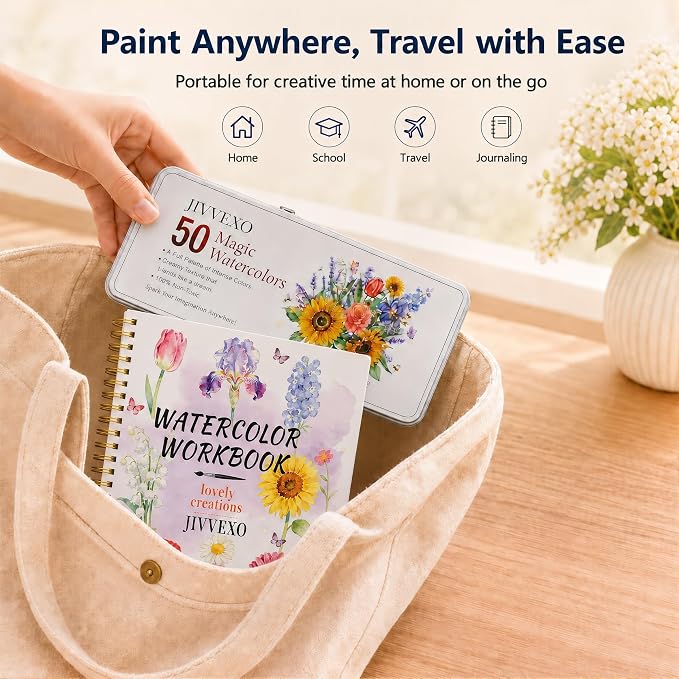 50 Colors Watercolor Paint Set with Watercolor Workbook for Adults | Travel Watercolor Set with 14 Pre-Drawn Projects, 1 Water Brush, 6 Detail Brushes & Painting Supplies for Teens & Beginners