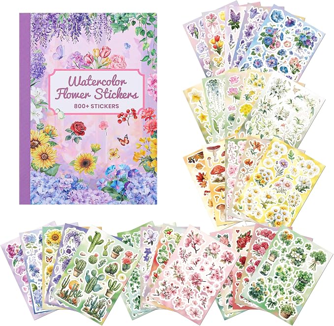 800+ PCS Floral Sticker Book for Journaling Supplies, Leaf Flower Watercolor Botanical Stickers for DIY Craft Scrapbooking Aesthetic Room Decor Junk Journal Bullet Journals Collage