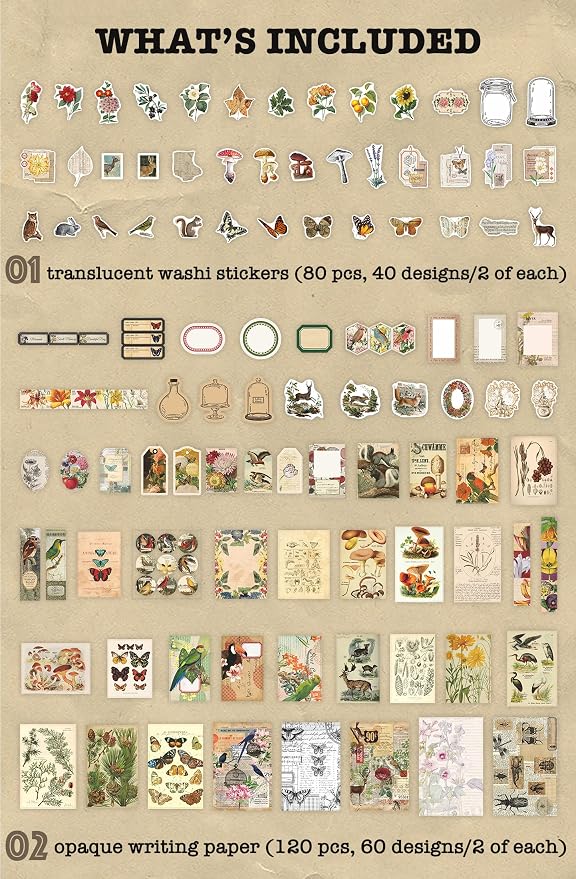 Knaid 200 Pieces Vintage Ephemera Pack Decoupage Paper Junk Journal Kit Scrapbook Planner Sticker Supplies for Art Journaling Bullet Journals Collage Craft Notebooks Album Crafter Gifts (Forest)