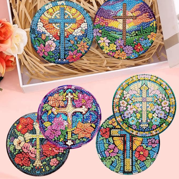 8 Pack Diamond Art Coasters Kits-Cross Diamond Painting Coasters for Adults
