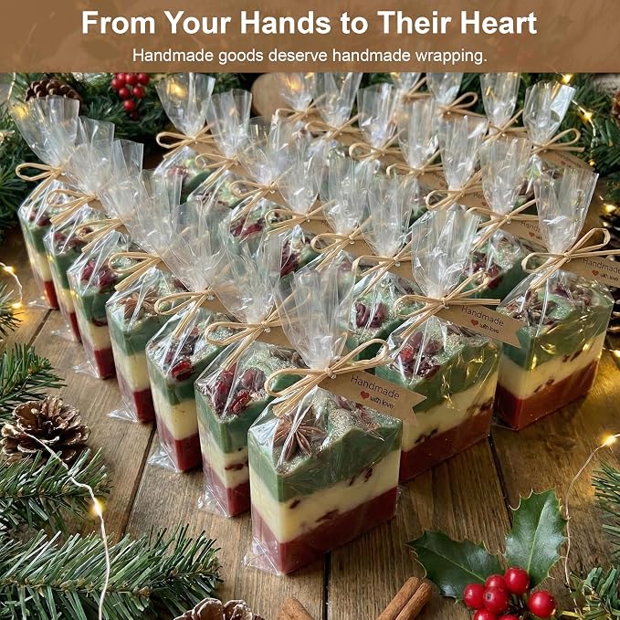 100 Pcs Clear Cellophane Bags 4.7x7" with Raffia Rope & Handmade with Love Tags for Packaging Soap Cookies Candy, Goodie Bag Wrappers for Wedding Christmas Craft Gift Birthday Party Baking Favor Supplies (Brown Tags)